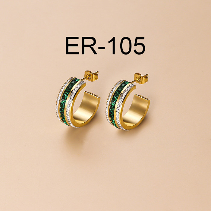 INS European And American New Retro Geometric Emerald Zircon Gold-Plated Stainless Steel  Earrings Special-Interest Design Stainless Steel Fashion Earrings