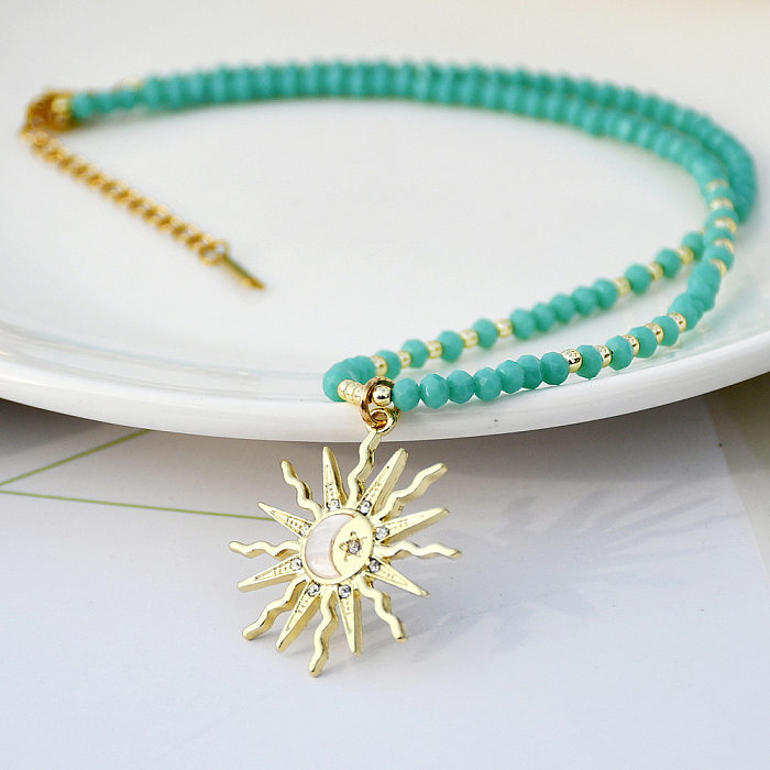 Collier pendentif en perles en alliage de cristal artificiel en acier inoxydable, Style Simple, soleil
