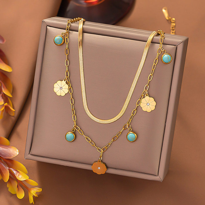 Einfache Pendel-Halsketten mit runder Blume und Intarsien aus Edelstahl mit türkisfarbenem Opal und Zirkon