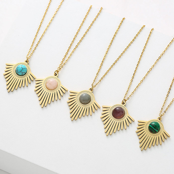 Retro Round Stripe Stainless Steel  Inlay Natural Stone Turquoise Pendant Necklace 1 Piece