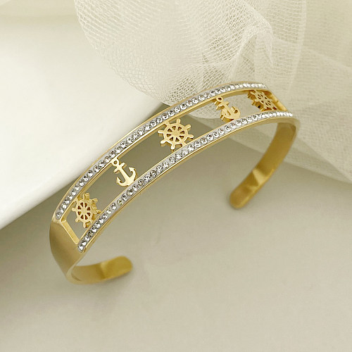 Estilo marinho estilo moderno leme âncora chapeamento de aço inoxidável oco para fora incrustação diamante artificial banhado a ouro pulseiras