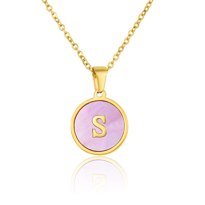 Wholesale Jewelry Simple Round Pink Shell 26 Letter Pendant Stainless Steel  Necklace jewelry