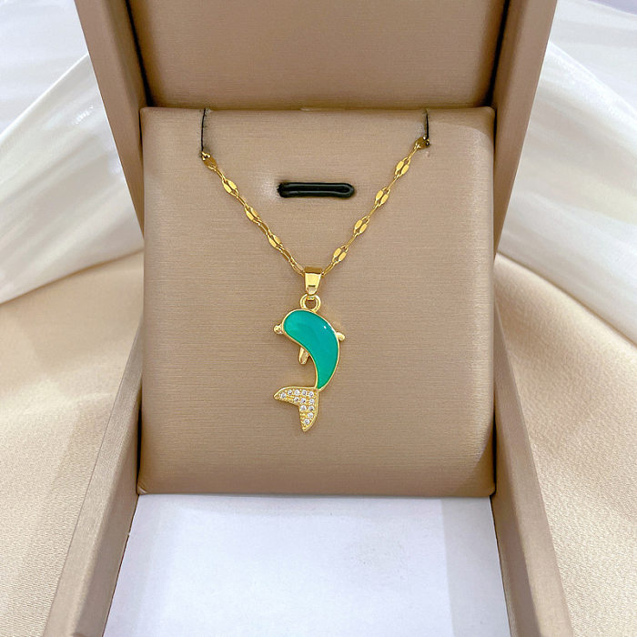 Cute Dolphin Stainless Steel  Copper Enamel Plating Inlay Rhinestones Pendant Necklace