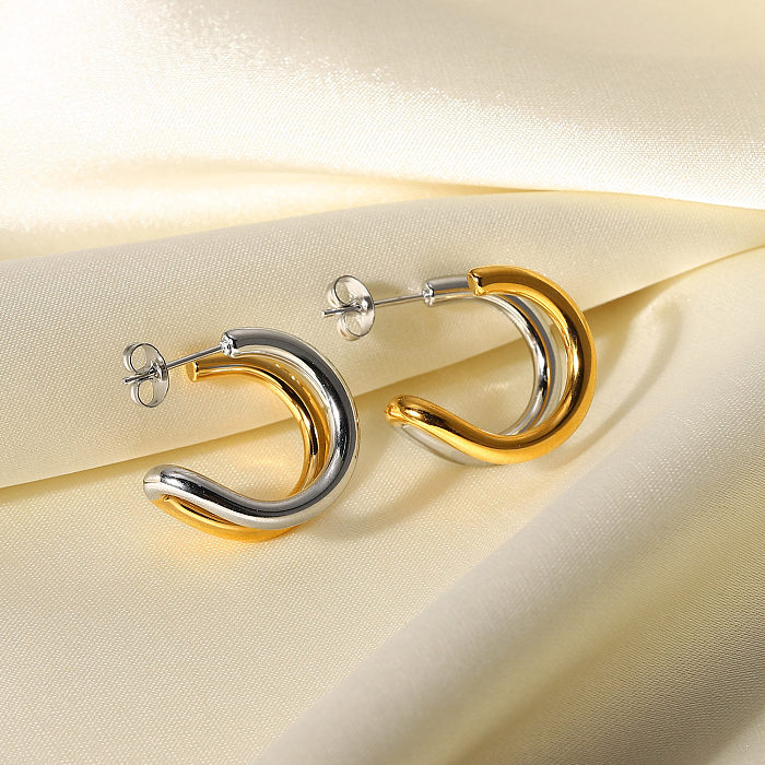 Einfache, kontrastfarbene, geometrische Doppelschicht-Linien-C-förmige Ohrringe aus Edelstahl