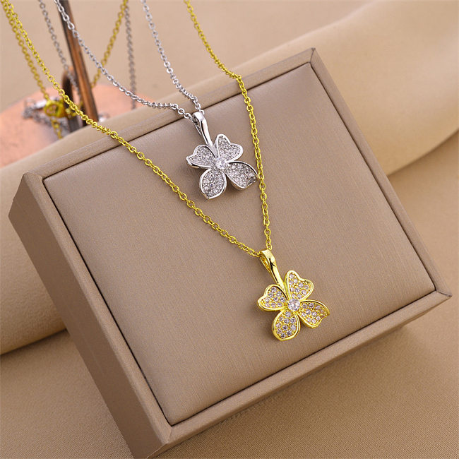 Fashion Geometric Four Leaf Clover Stainless Steel Inlaid Zircon Necklace