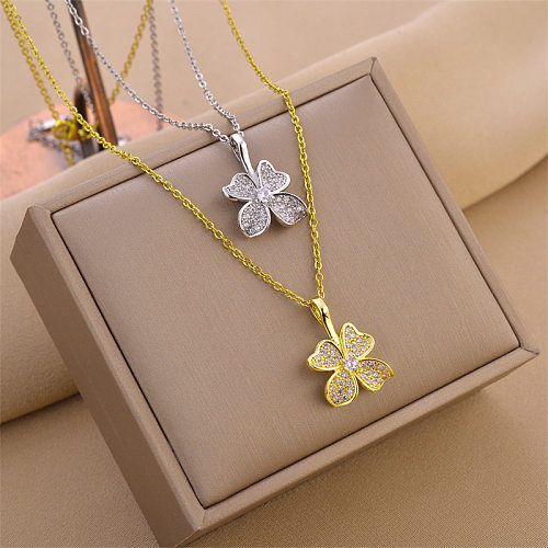 Fashion Geometric Four Leaf Clover Stainless Steel Inlaid Zircon Necklace