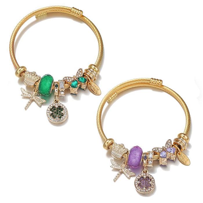 Japanese Style Dragonfly Stainless Steel Plating Artificial Gemstones Bangle 1 Piece