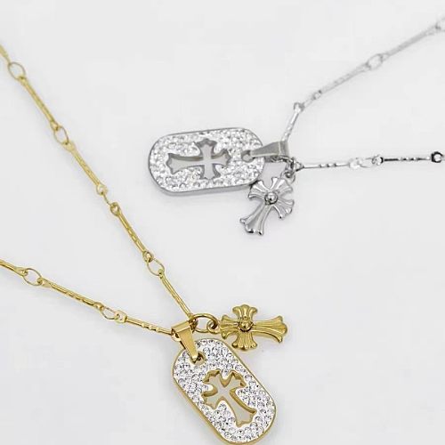 Streetwear-Halskette mit Kreuz-Anhänger aus Edelstahl mit Inlay und künstlichem Diamant