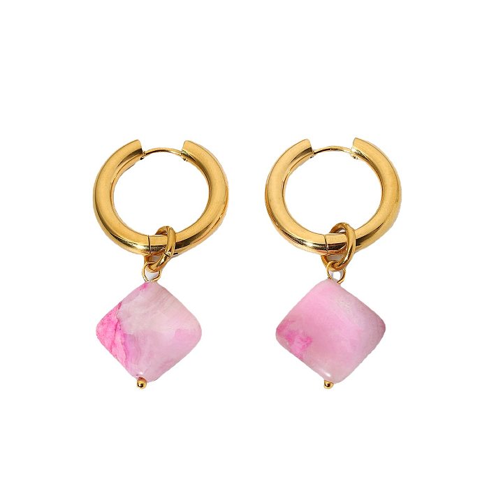 Wholesale Diamond-shaped Pink Natural Stone Pendant Stainless Steel  Earrings jewelry