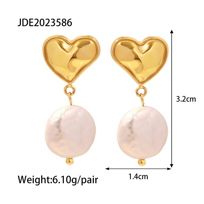 Pendientes colgantes de perlas artificiales chapados en acero inoxidable con forma de corazón de estilo simple, 1 par