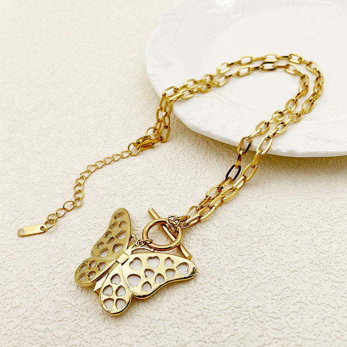 Classical Vintage Style Sweet Butterfly Stainless Steel  Enamel Plating Gold Plated Pendant Necklace