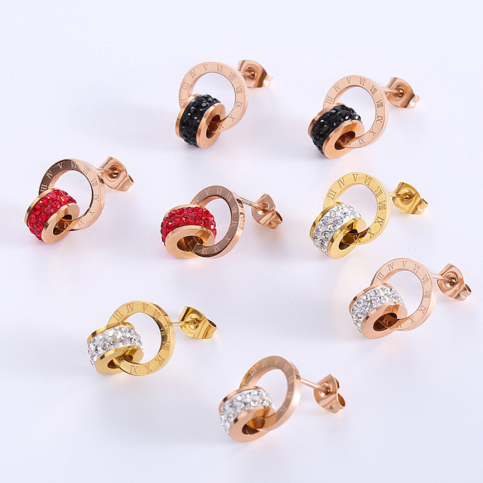1 Pair Casual Roman Numeral Plating Inlay Stainless Steel  Artificial Diamond 18K Gold Plated Rose Gold Plated Ear Studs
