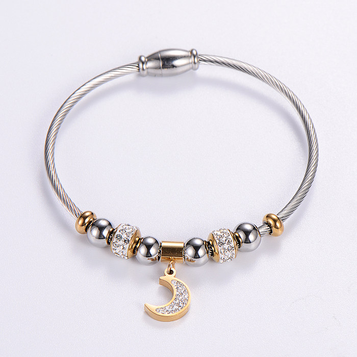 Simple Style Moon Hand Of Fatima Elephant Stainless Steel Plating Inlay Rhinestones 18K Gold Plated Bangle