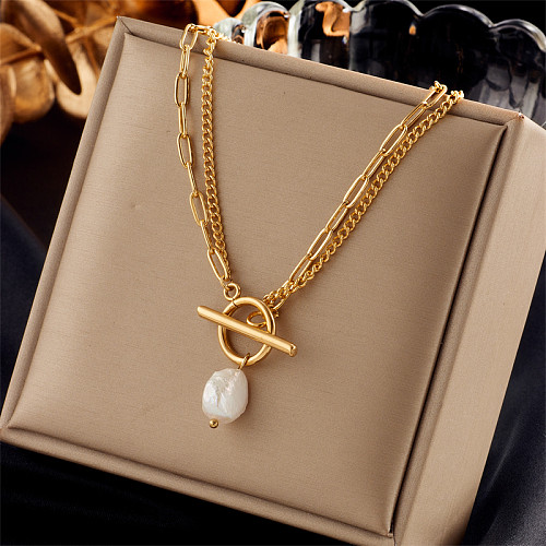 Collar con colgante de perlas artificiales chapado en oro en capas de acero inoxidable geométrico básico
