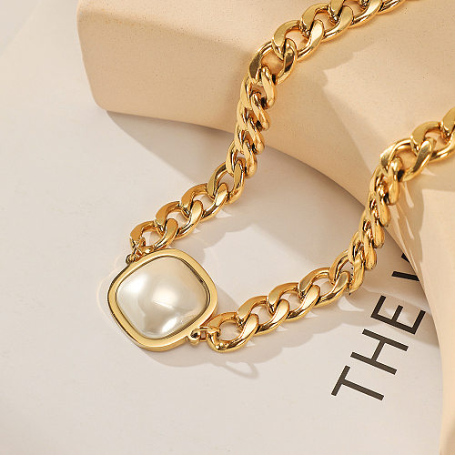 Hip-Hop Square Stainless Steel  Gold Plated Artificial Pearls Necklace