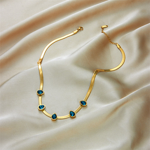 Einfache Wassertropfen-Edelstahl-Halskette, vergoldete künstliche Edelsteine, Edelstahl-Halsketten