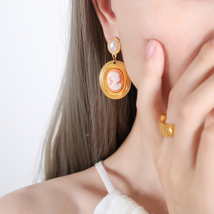 Boucles d'oreilles pendantes en acier inoxydable, 1 paire, Style français, incrustation de placage de Portrait, perles artificielles, résine plaquée or 18 carats