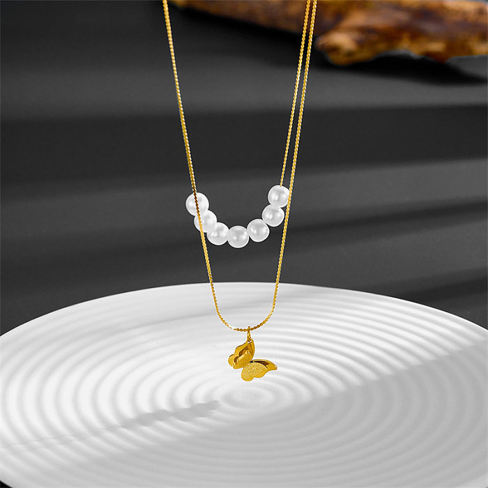 Basic Retro Butterfly Imitation Pearl Stainless Steel Layered Necklaces