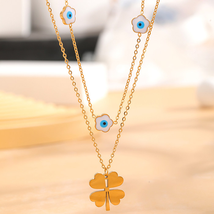 Artistic Heart Shape Eye Flower Stainless Steel Plating Inlay Resin Rhinestones Gold Plated Pendant Necklace