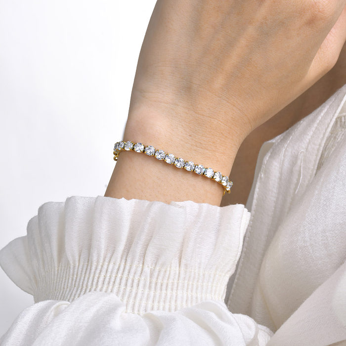 Bracelet de tennis plaqué or 18 carats avec incrustation de placage en acier inoxydable rond de style simple