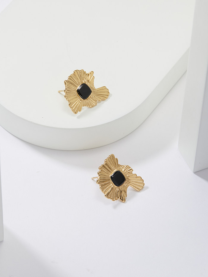 1 par de pinos de orelha banhados a ouro 18K obsidiana de aço inoxidável com bloco colorido estilo vintage