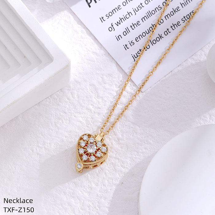 Retro Simple Style Heart Shape Stainless Steel  Plating Hollow Out Inlay Rhinestones Gold Plated Pendant Necklace