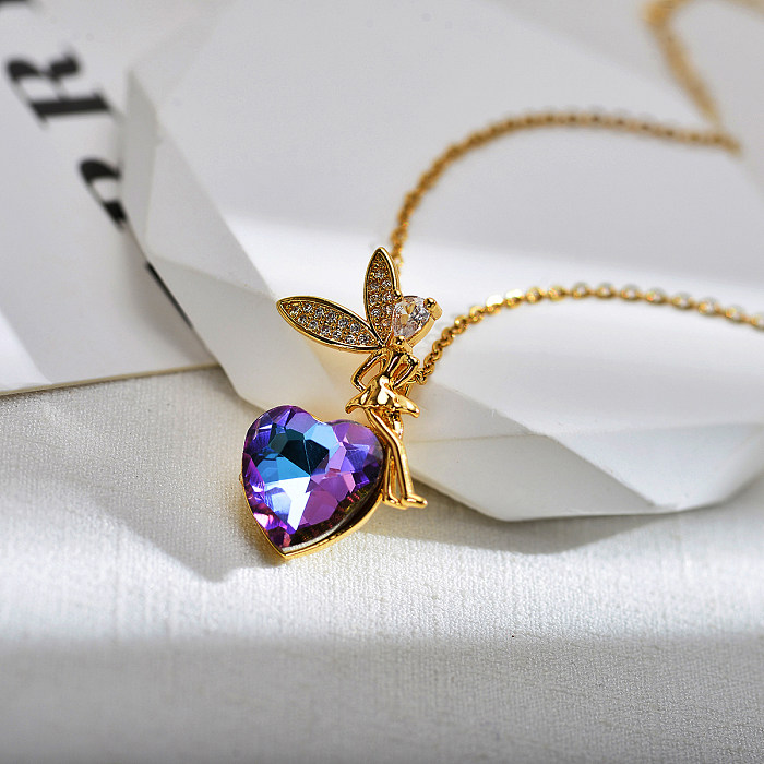 Fairy Style Cartoon Character Heart Shape Stainless Steel Copper Inlay Zircon Pendant Necklace
