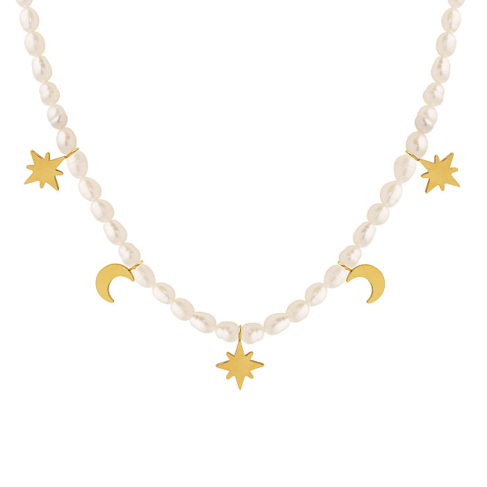 Elegante e luxuoso estilo barroco estrela lua pérola de água doce chapeamento de aço inoxidável colar banhado a ouro 18K