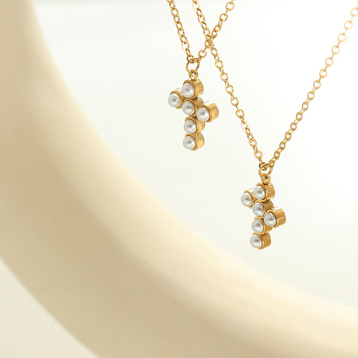 Collier pendentif en perles artificielles, Style Simple, croix en acier inoxydable, incrustation de placage