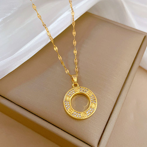 Simple Style Round Stainless Steel Copper Plating Inlay Rhinestones Pendant Necklace