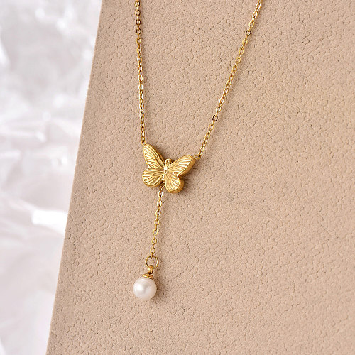 Elegante, schlichte Halskette mit Schmetterlings-Edelstahl-Beschichtung, künstlichen Perlen, 14 Karat vergoldet