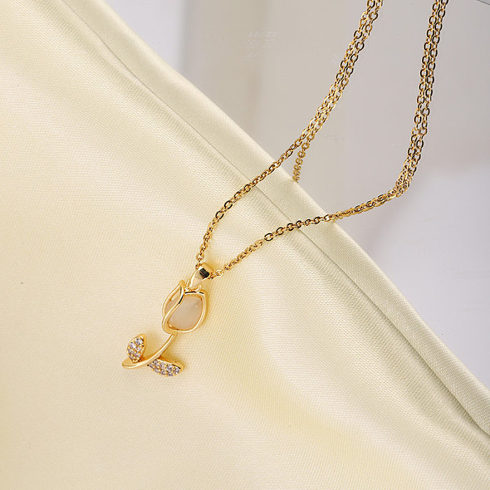 Casual Simple Style Tulip Stainless Steel Inlay Opal Zircon Pendant Necklace