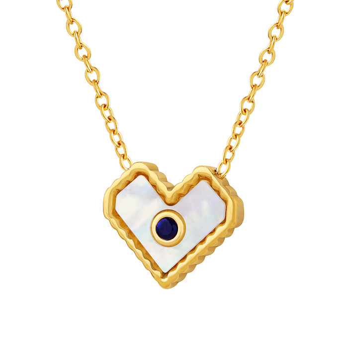 Casual Simple Style Heart Shape Stainless Steel Plating Inlay Shell Zircon 18K Gold Plated Pendant Necklace