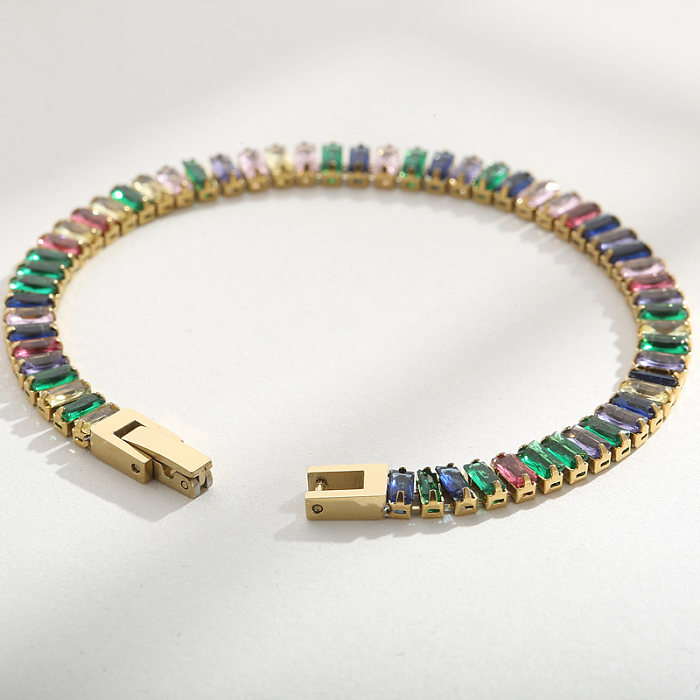 Elegante cor sólida titânio chapeamento de aço embutido pedras preciosas artificiais pulseiras banhadas a ouro 18K