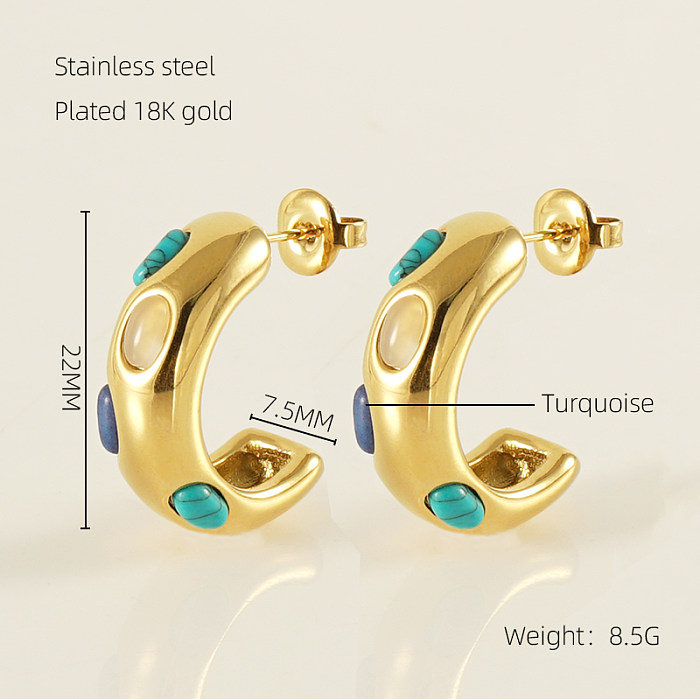 1 par de brincos clássicos românticos em formato de C, incrustações de aço inoxidável turquesa banhado a ouro 18K