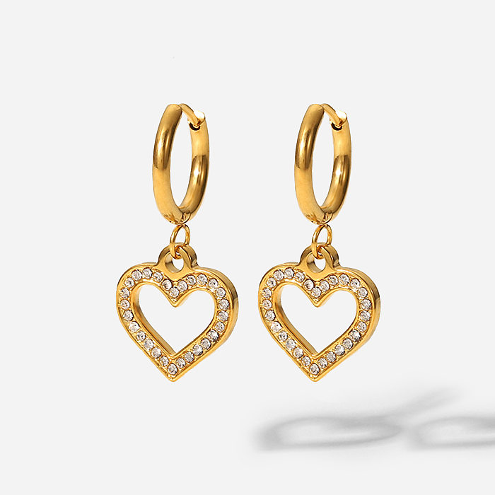 Fashion 18K Gold Stainless Steel  Hollow Heart-shaped Zircon Heart-shaped Pendant Earrings