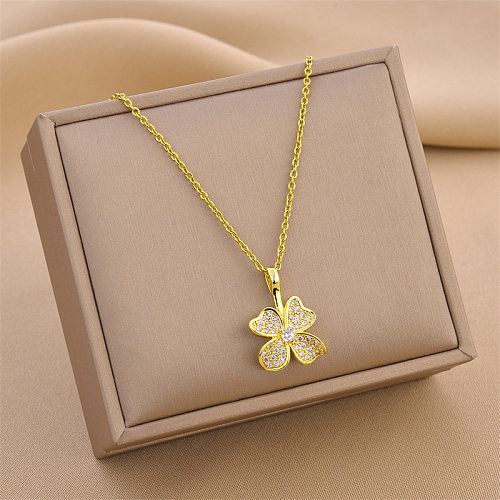 Fashion Geometric Four Leaf Clover Stainless Steel Inlaid Zircon Necklace