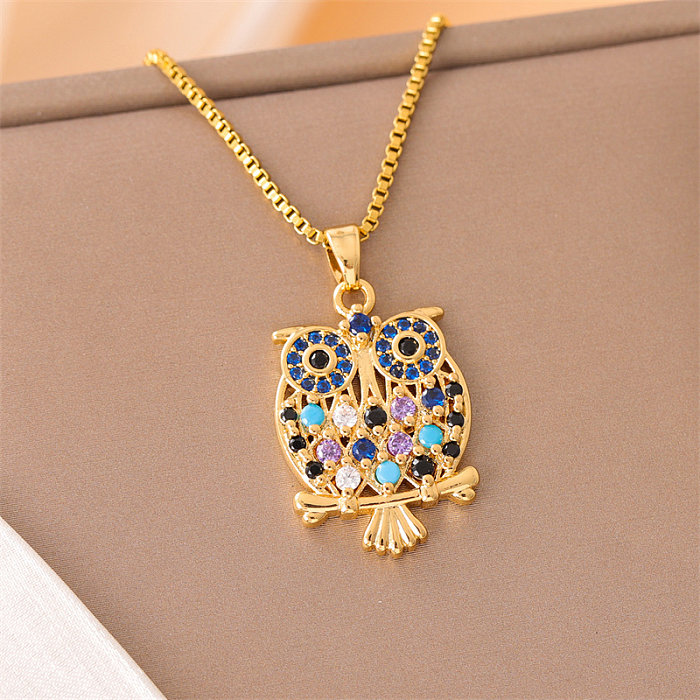 Streetwear Owl Stainless Steel  Stainless Steel Plating Inlay Zircon 18K Gold Plated Necklace