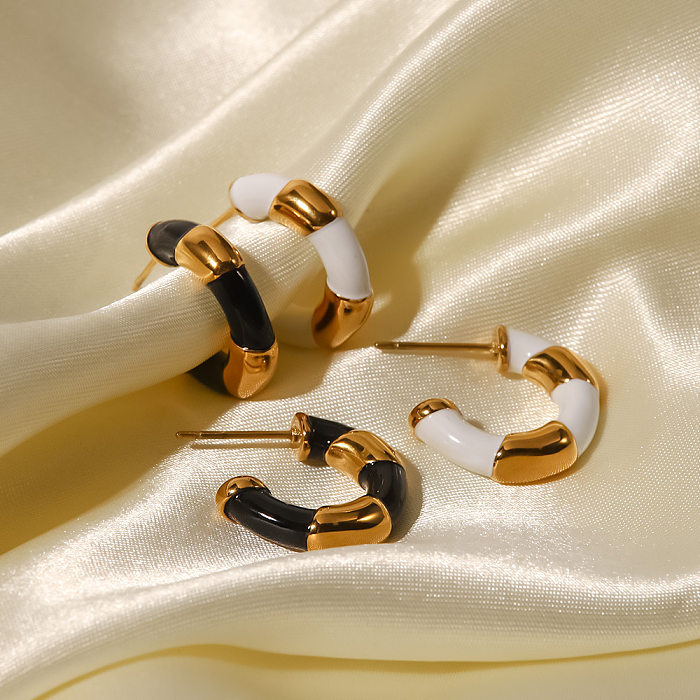 Fashion C Shape Color Block Stainless Steel  Enamel Hoop Earrings 1 Pair
