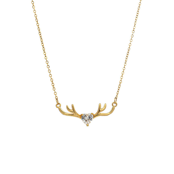 IG Style Simple Style Heart Shape Antlers Stainless Steel Copper Plating Inlay Zircon Necklace
