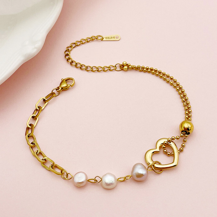 Cute Lady Heart Shape Stainless Steel Imitation Pearl Charm Polishing Plating 14K Gold Plated Bracelets