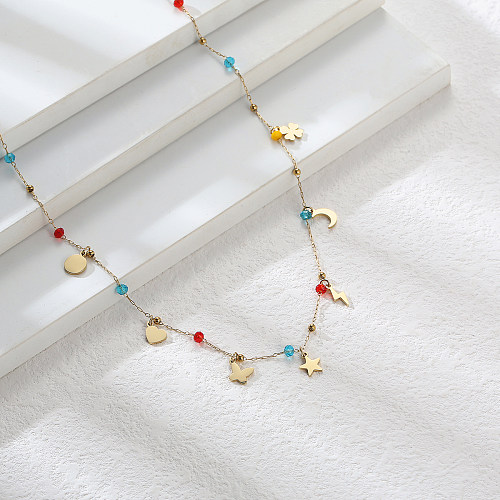 Edelstahl vergoldet 14K Gold Mode OL Farbe Diamant Kette Mond Stern Anhänger Halskette