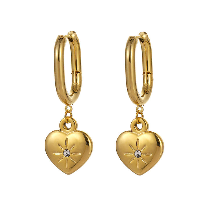 1 par de brincos pendentes de zircônia com incrustação de aço inoxidável em formato de coração estilo simples