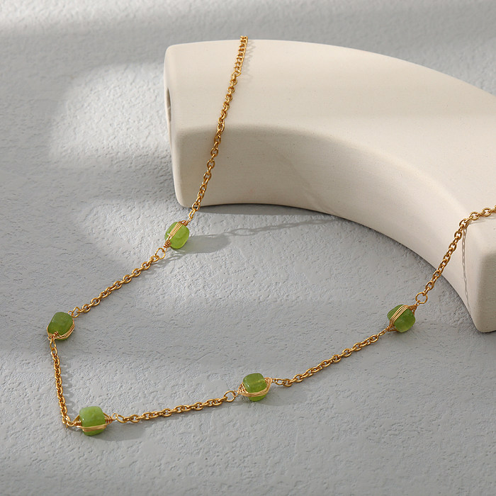 Modische, einfarbige Halskette aus Edelstahl mit Natursteinen, 1 Stück
