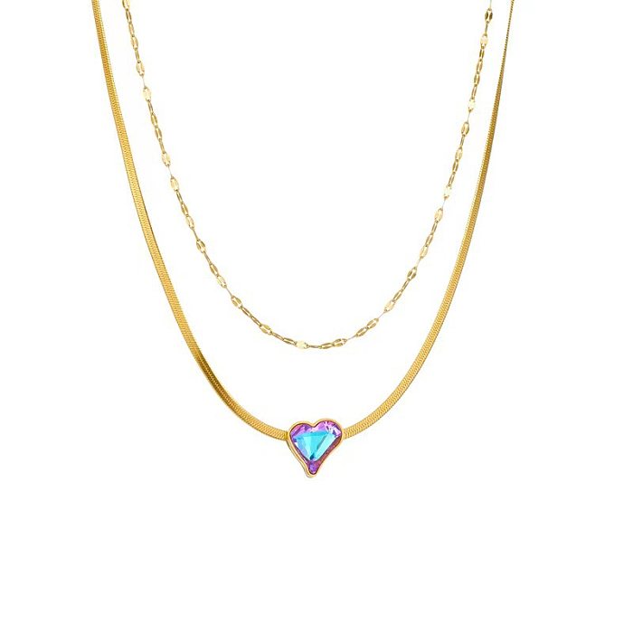 Simple Style Heart Shape Stainless Steel Plating Inlay Artificial Gemstones 18K Gold Plated Double Layer Necklaces