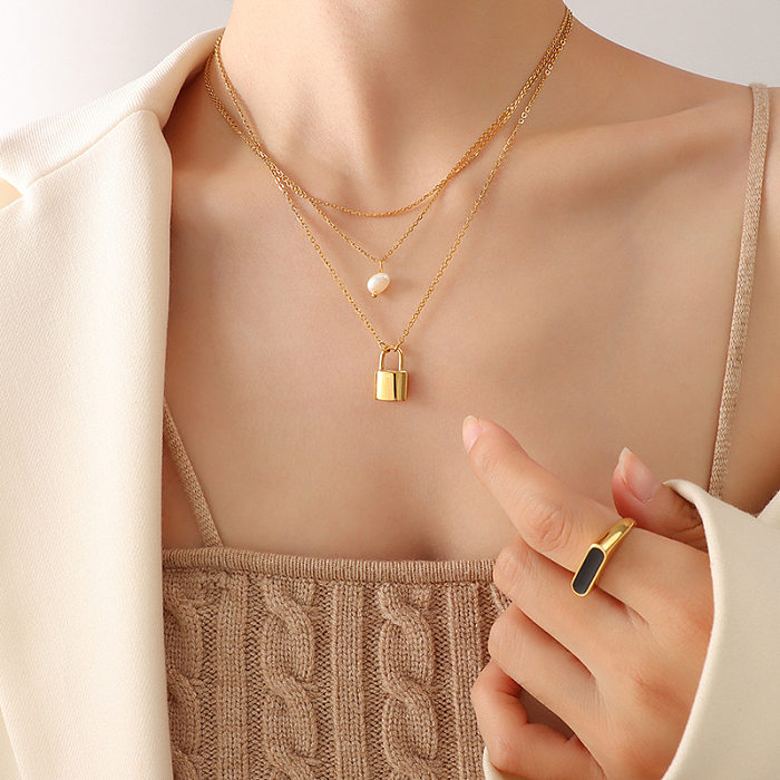 Collier avec pendentif en forme de croix de perles baroques géométriques, en acier inoxydable, avec serrure