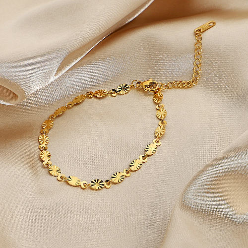 Pulsera de acero inoxidable chapada en oro con cadena de pétalos ovalados y flores hecha a mano a la moda