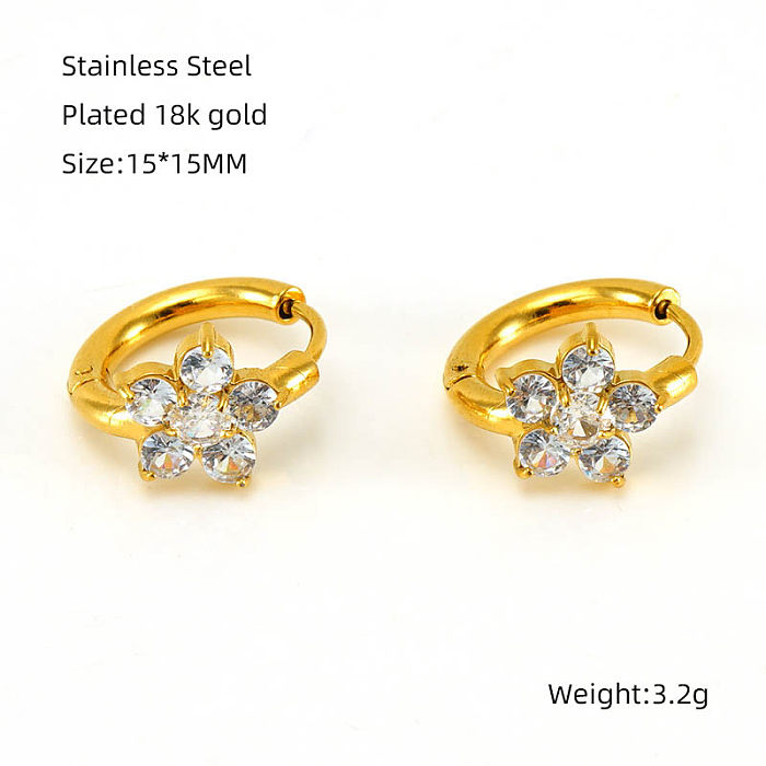 1 Pair Elegant Retro Flower Plating Inlay Stainless Steel  Zircon 18K Gold Plated Earrings
