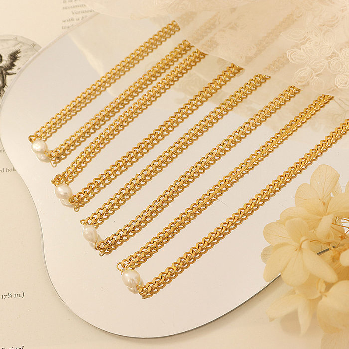 Modische Süßwasserperlen-Halskette aus Edelstahl, 18 Karat Gold