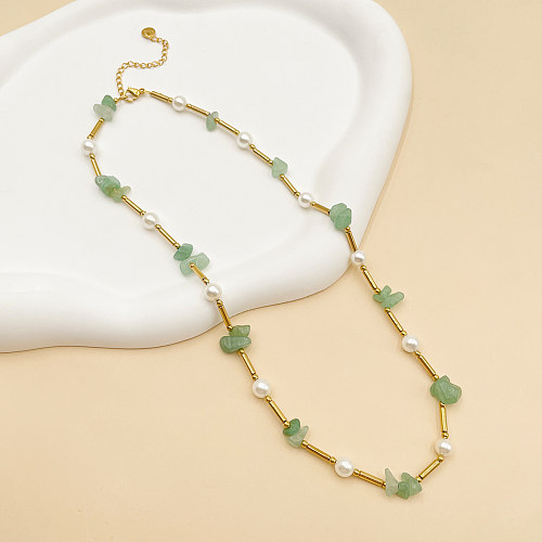 Lässige, unregelmäßige, vergoldete Halskette aus Edelstahl mit Kies-Patchwork-Perlenbeschichtung